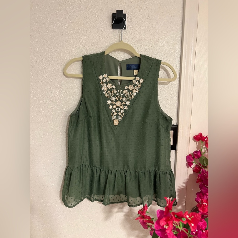 Blue Rain - Sage Green Embroidered Peplum Tank